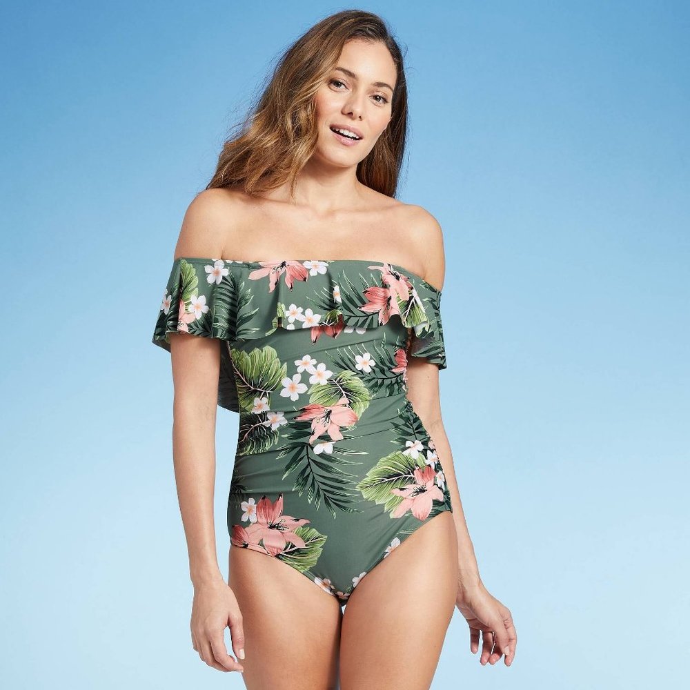 NWT Kona Sol Floral Off the Shoulder Ruffle One Piece Swimsuit Size Small